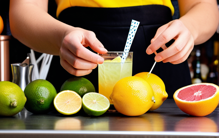 **Prompt:** A vibrant, close-up shot on a home bar counter, illustrating the personal journey of discovering unique cocktail tastes. Focus on hands actively experimenting with various colorful spirits, fresh citrus fruits (lemons, limes, grapefruits), and aromatic herbs. The scene should convey a sense of playful exploration and balanced flavors, with light highlighting the textures of ingredients.