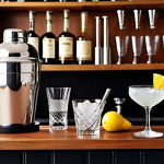 **A well-stocked home bar setup:** Focus on the equipment - a Boston shaker, jigger, muddler, Hawthorne strainer, and various glasses (highball, martini, rocks, coupette). The scene should evoke a cozy and inviting atmosphere in a home kitchen.