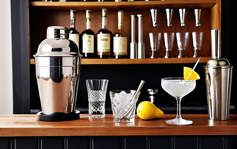 **A well-stocked home bar setup:** Focus on the equipment - a Boston shaker, jigger, muddler, Hawthorne strainer, and various glasses (highball, martini, rocks, coupette). The scene should evoke a cozy and inviting atmosphere in a home kitchen.